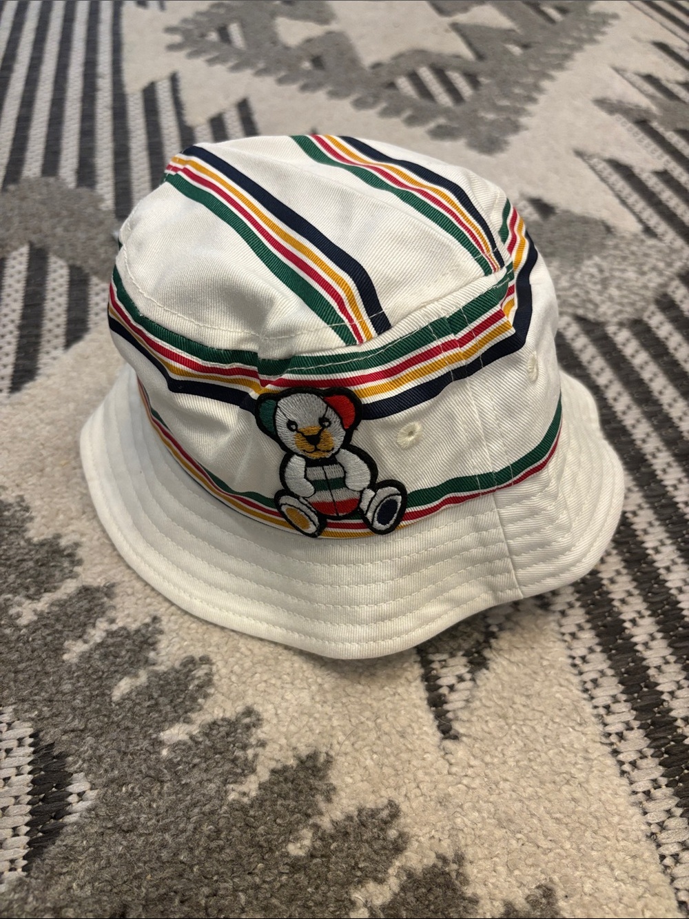 HBC Kids White Striped Bucket Hat with Colorful Teddy Patch